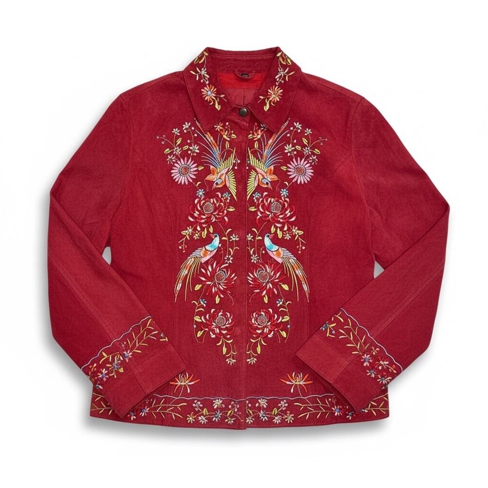 Suede Embroidered Vintage Jacket Birds Floral Leather
